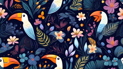 tropical pattern cute toucans and flowers tropical design