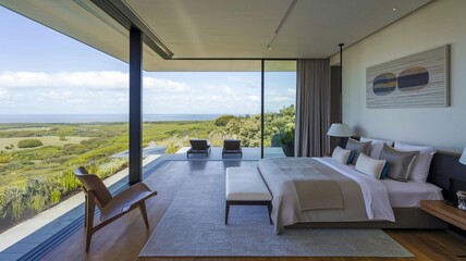 Modernes und gehobenes Schlafzimmer mit Blick aufs Meer