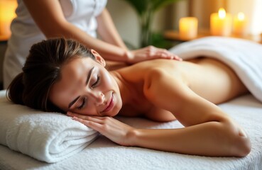 Obraz premium Woman relaxes during back massage in modern spa. Therapist gently massages back. Candles provide ambiance. Relaxation, wellness concept in luxury spa salon. Beautiful woman receives care, treatment.