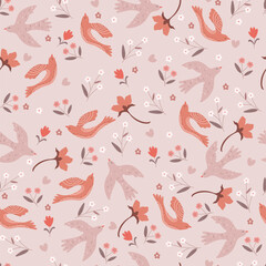 Floral illustration with flowers and birds.