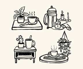 Minimalist Line Art Cozy Cafe Illustrations