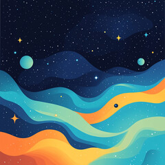 Vibrant cosmic waves under a starlit sky in a digital artwork