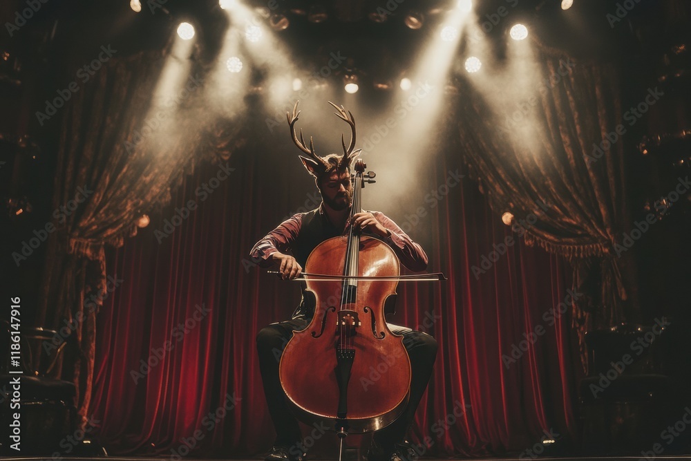 Aufkleber deer creatively playing cello on stage during an evening performance with dramatic lighting and curt