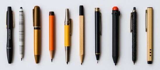 Row of various writing instruments including pens, pencils, and mechanical pencils on a white background.
