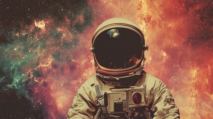Astronaut in Space Suit Against a Cosmic Nebula Background