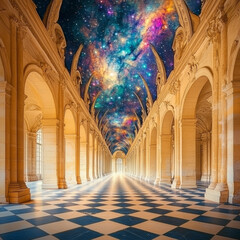 Obraz premium Celestial Hallway: A cosmic dreamscape within a grand arcade.