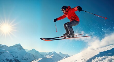 Skier jumps high in air over snowy mountain slope. Person in red ski suit flies in blue sky. Winter sport action in snowy landscape. Extreme fun, adventure. Sunny day. Beautiful winter scenery.