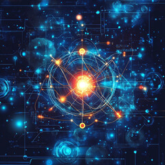 Obraz premium Complex patterns of atomic structures with luminous energy and colorful elements