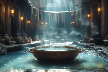 A mystical ancient bathhouse scene with a steaming basin, pottery, and hanging fabrics.