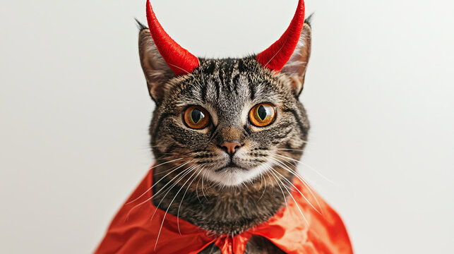 Tabby cat in devil costume; red cape and horns.