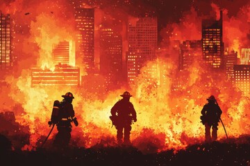 Fototapeta premium illustration silhouette of firefighters fighting fire in a city on fire 