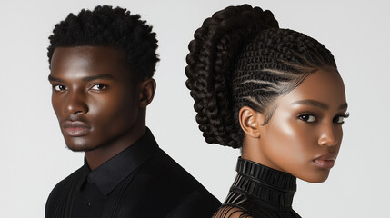 Obraz premium Creative Hairstyling: A studio portrait featuring a man with a bold, sculpted hairstyle and a woman with intricate braids, both styled against a clean white background under even