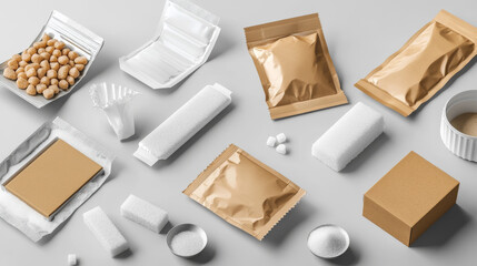 Sugar sticks blank white and brown whole new and used torn in half sachets for salt, instant coffee or candy wrapper, isolated pouches product packaging mockup, realistic 3d vector illustration set