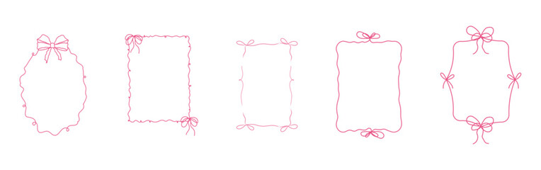Romantic coquette ribbon frame, wedding ornate curly border collection. Hand drawn doodle sketch girly retro decorations.