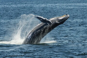 Fototapeta premium A humpback whale breaches the surface, showcasing its majestic form and splashing water around.