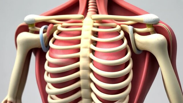 This 3D model of the shoulder shows the scapula, clavicle and humerus bones, and the rotator cuff in detail. 