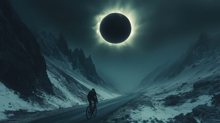 Cyclist navigates winding mountain road during solar eclipse in a dramatic landscape