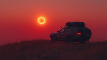 Fototapeta premium Family car parked on a grassy hill during a solar eclipse with the Sun's corona glowing brightly
