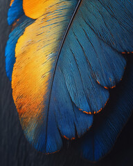 Fototapeta premium Intensely vivid macro of a featherâ€™s spine revealing a neon green-to-blue shift, displayed on a gentle off-gray canvas,