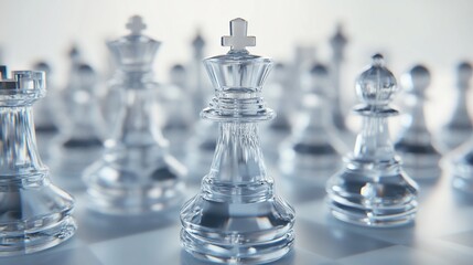 Close-up of a glass chess king piece in the foreground, with other pieces blurred in the background on a light-grey board.