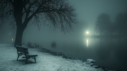 Foggy winter scene with bench by lake.