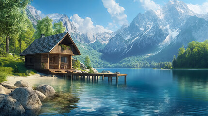 Fototapeta premium Stilt house on lake beach in mountain valley. Nature landscape with small wooden hut, pier on river and rocks. Fishing cabin on lake shore, vector cartoon illustration
