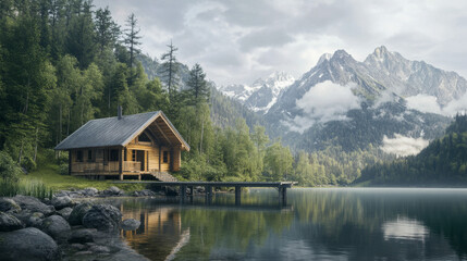 Fototapeta premium Stilt house on lake beach in mountain valley. Nature landscape with small wooden hut, pier on river and rocks. Fishing cabin on lake shore, vector cartoon illustration