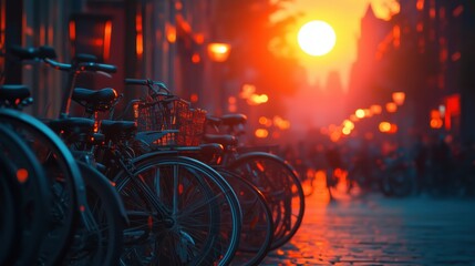Bicycles parked in city square during solar eclipse soaking in twilight glow with vibrant colors and bustling atmosphere