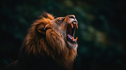 Majestic male lion roaring with mouth wide open, showcasing sharp teeth and mane.