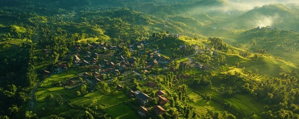 Aerial view of a picturesque countryside village with rolling green hills, tranquil rural landscape, peaceful atmosphere.