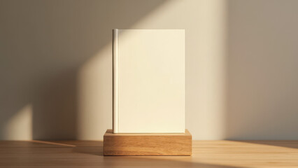 Blank Hardcover Book on Rustic Wooden Stand, Warm Lighting