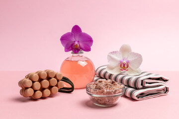 Personal care products on the pink background. Spa accessories.
