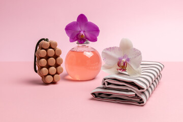 Personal care products on the pink background. Spa accessories.