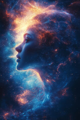 Futuristic head outline in subtle lines, inside a bright galaxy nebula shaped like a spiral, shining in pastel blues and pinks,