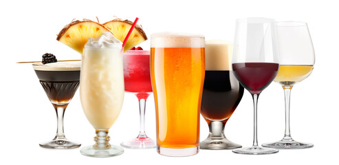 Set and collection of classic alcohol cocktails, beer and mocktail isolated on white background with fresh summer fruits