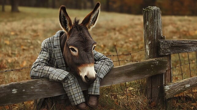 A donkey in a gray plaid suit resting by a country fence 