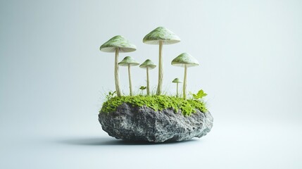 Surreal floating rock with green mushrooms and moss.