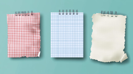 Torn notebook paper with wrinkles. Crumpled white sheet with checkered pattern. Realistic 3d vector illustration set of wrinkled blank scrapbook and collage design material. Memo note mockup.