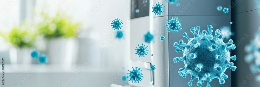 Poster droplets of sanitizer in action destroying bacteria in a clean and bright indoor space during daylig