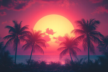 An 80s-inspired pastel gradient disk in the backdrop, with slender palm silhouettes and faint horizon lines,