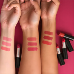 Close-Up of Woman's Hand with Lipstick Swatches. Generative AI.