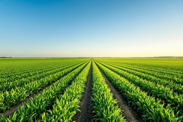 A vast green cornfield with neatly aligned rows of young plants, under a clear blue sky and soft sunlight. Captures the concept of agriculture. Ai generative