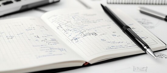 Open notebook with handwritten notes and pen.