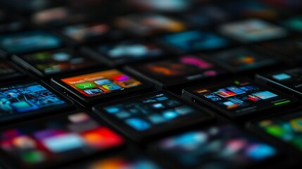 Close-up of numerous colorful app icons on small screens, displaying digital content and technology.
