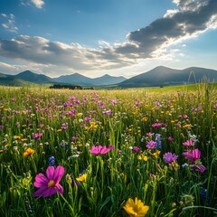Fototapeta premium Colorful Wildflower Meadow with Snow-Capped Mountains Under a Partly Cloudy Sky