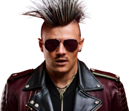Stylish Man with Mohawk Hairstyle Burgundy Leather Jacket and Aviator Sunglasses
