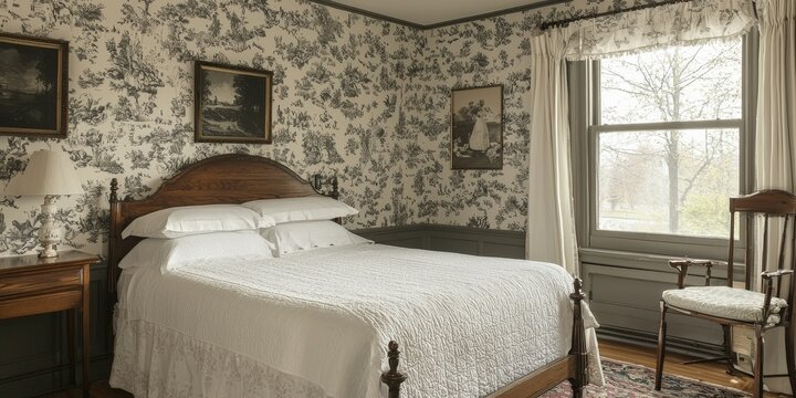 Vintage wallpaper with classic French toile patterns in a quaint guest room