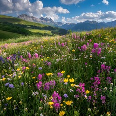 Fototapeta premium Colorful Wildflower Meadow with Snow-Capped Mountains Under a Partly Cloudy Sky