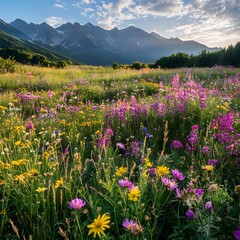 Obraz premium Colorful Wildflower Meadow with Snow-Capped Mountains Under a Partly Cloudy Sky