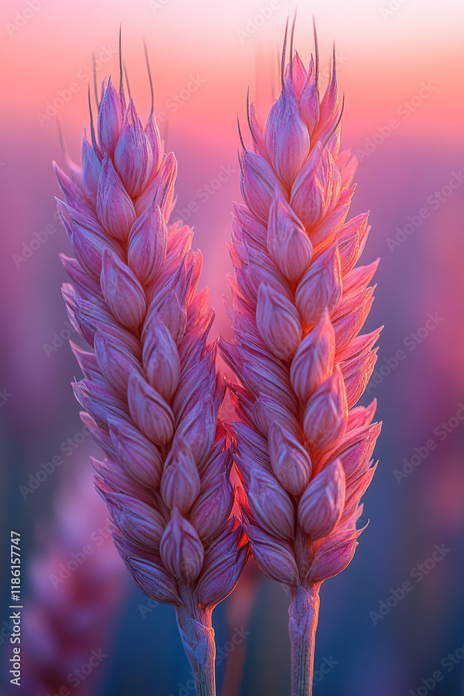 Poster Macro shot of two intertwined wheat ears, with a subtle candy-colored gradient fading across the backdrop,